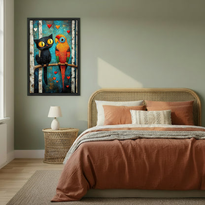 Black cat and parrot folk art love colorful framed canvas wall print on sage green wall above rattan bed in boho bedroom