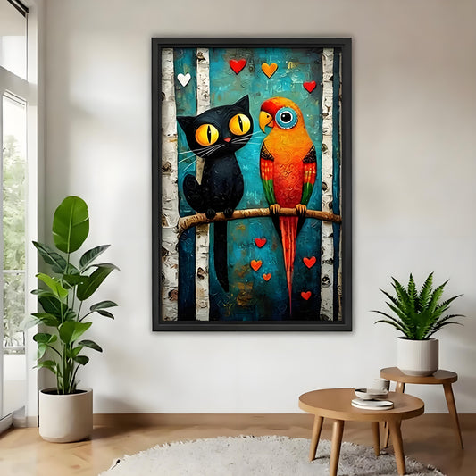 Whimsical black cat parrot folk art love framed canvas wall print in neutral living room with greenery and round wooden table