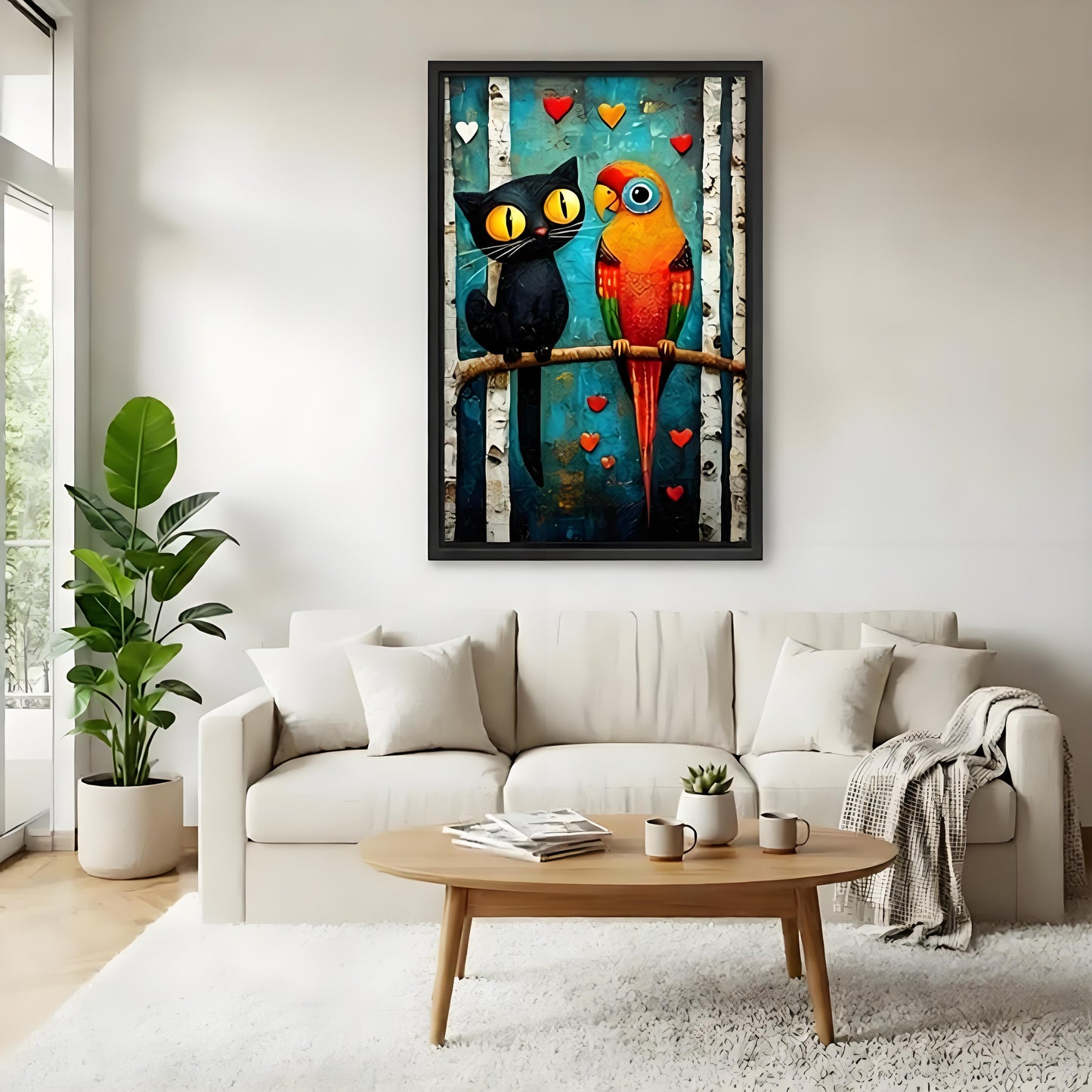 Colorful black cat parrot folk art love framed canvas wall print above cream sofa in bright Scandinavian living room 