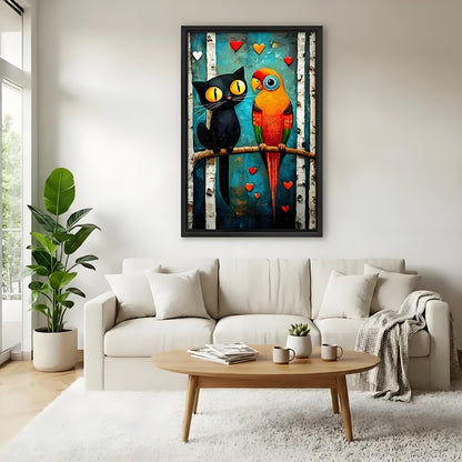 Colorful black cat parrot folk art love framed canvas wall print above cream sofa in bright Scandinavian living room 