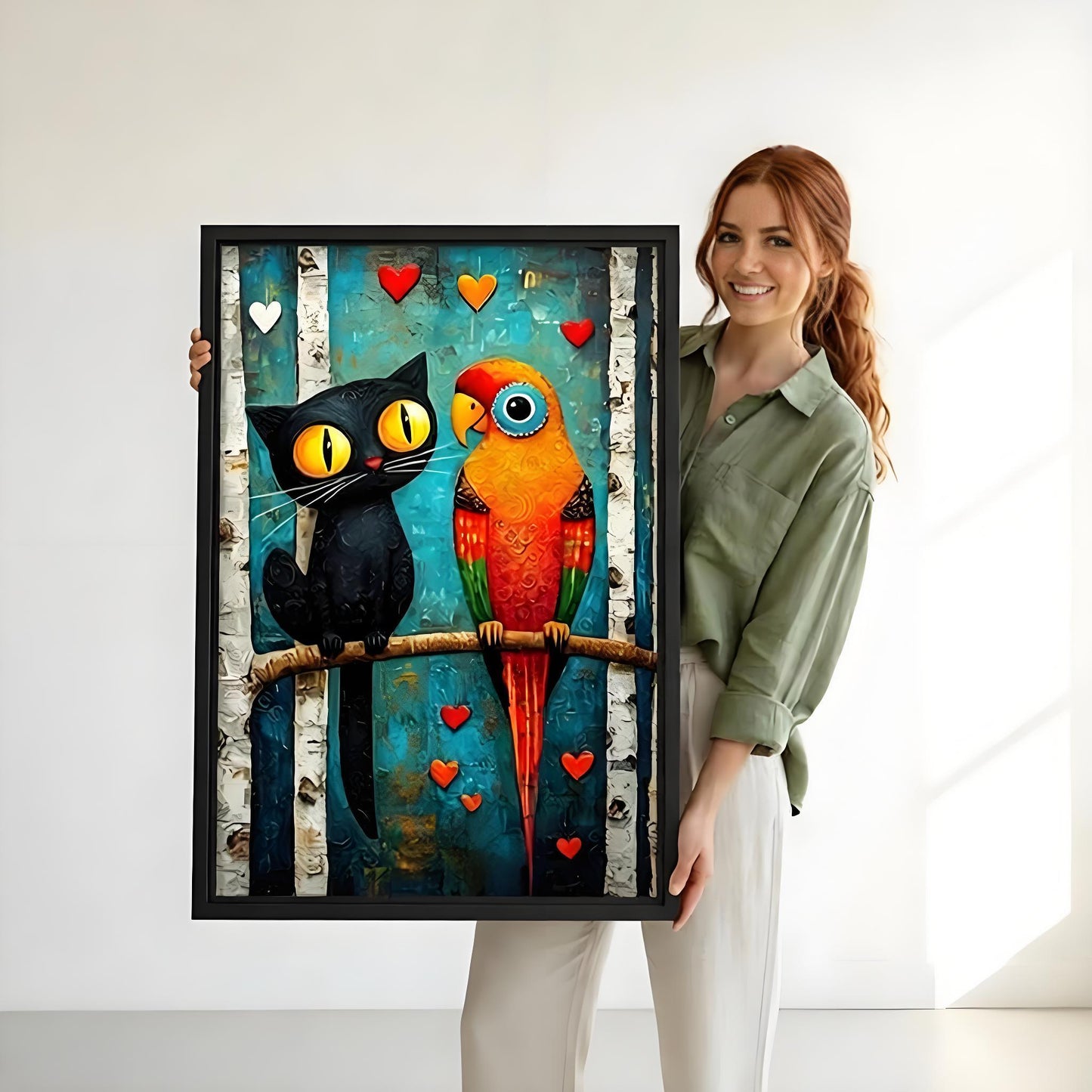 Woman holding large framed black cat and parrot folk art love colorful canvas wall print size reference