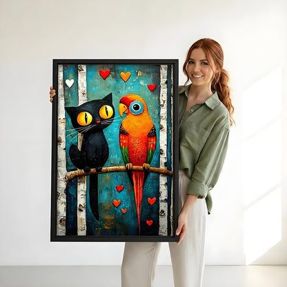 Woman holding large framed black cat and parrot folk art love colorful canvas wall print size reference