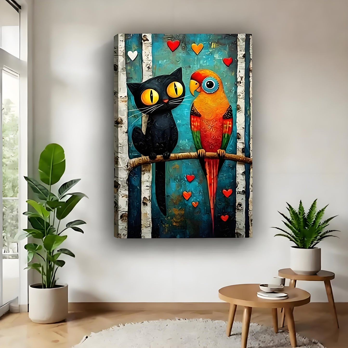 Black cat and parrot folk art love gallery wrap canvas wall print in modern living room with tropical plants and wooden table