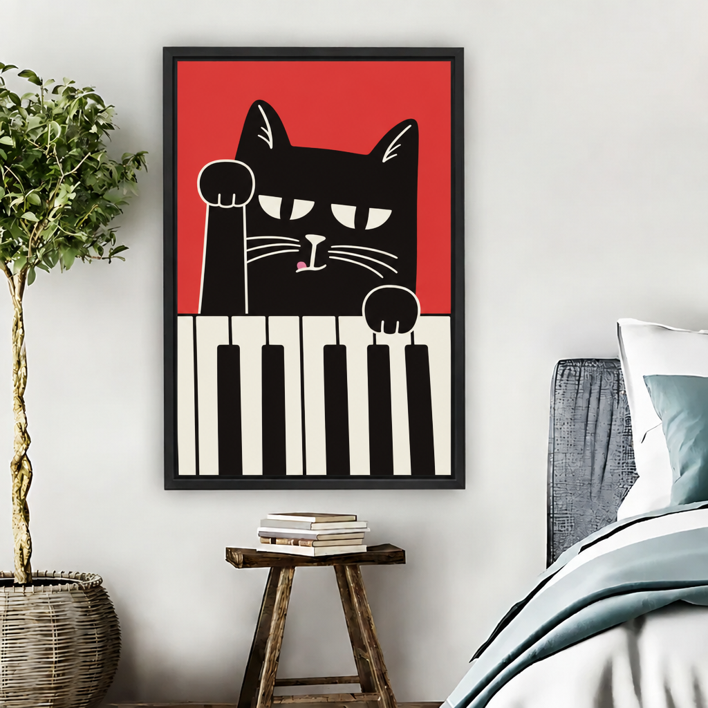 Black cat piano canvas wall art in a black frame on a bedroom wall beside a blue-gray bed and a wooden stool with books