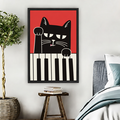 Black cat piano canvas wall art in a black frame on a bedroom wall beside a blue-gray bed and a wooden stool with books