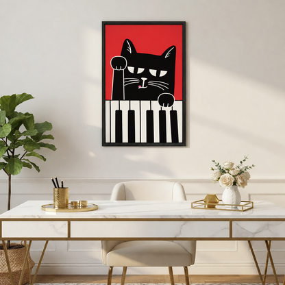 Black cat piano canvas wall art hanging above a white marble desk with gold legs in a bright home office