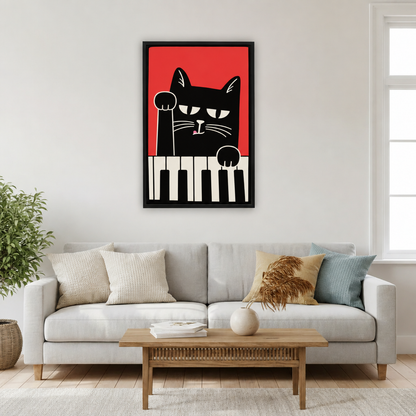 Black cat piano canvas wall art in a black frame hanging above a light gray sofa in a bright modern living room