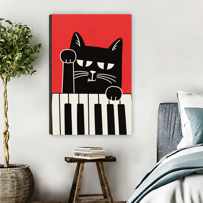 Frameless gallery-wrapped black cat piano canvas wall art with a red background and visible wrapped edge in a bedroom