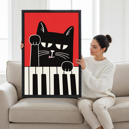Flat vector illustration of a grumpy black cat playing white piano keys on a bright red background, the black cat piano canvas wall art artwork