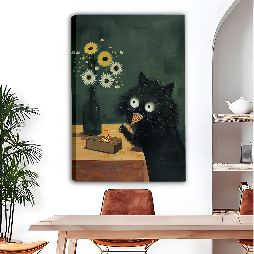 Black-framed black cat pizza canvas wall art above a dining table, featuring yellow flowers and a deep green background.