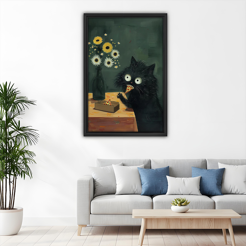 Woman holding black-framed black cat pizza canvas wall art featuring a fluffy cat, pizza slices, and yellow flowers.