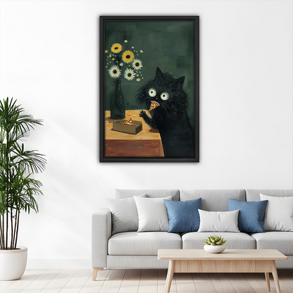 Woman holding black-framed black cat pizza canvas wall art featuring a fluffy cat, pizza slices, and yellow flowers.