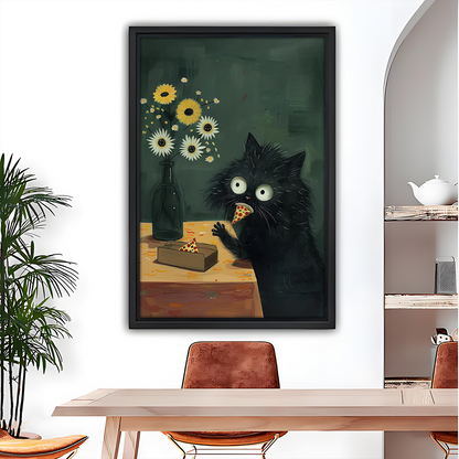 Black cat pizza canvas wall art in a black frame beside wooden bunk beds and a shelf of toys.