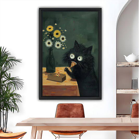 Black cat pizza canvas wall art in a black frame beside wooden bunk beds and a shelf of toys.