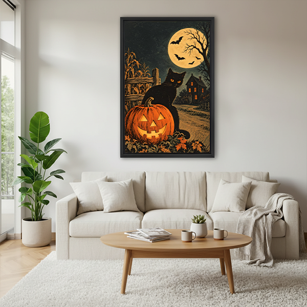 Gallery-wrap black cat and pumpkin canvas wall art with autumn leaves and a golden moon above wooden tables.