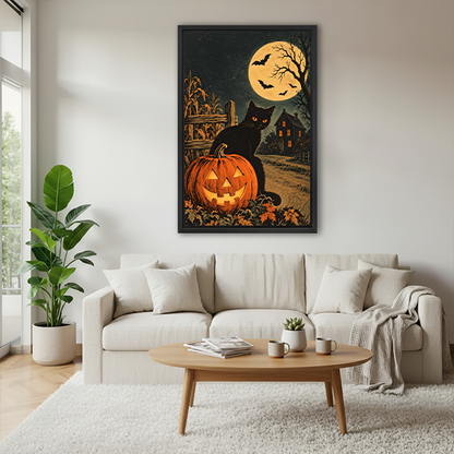 Gallery-wrap black cat and pumpkin canvas wall art with autumn leaves and a golden moon above wooden tables.