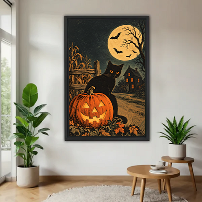 Woman holding framed black cat and pumpkin canvas wall art featuring a golden full moon and flying bats.