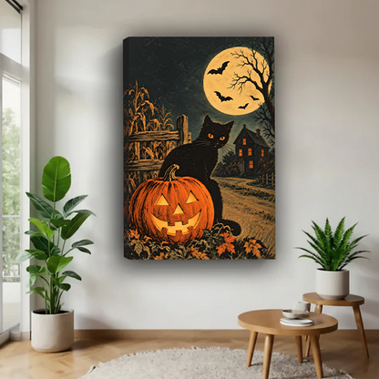 Framed Halloween black cat and pumpkin canvas wall art with a moonlit house hanging above a cream sofa.