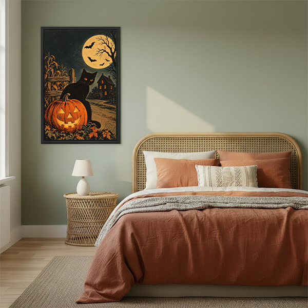 Vintage black cat and pumpkin canvas wall art in a black frame beside a rattan bed with terracotta bedding.