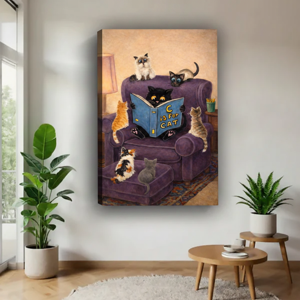 Gallery wrap canvas print of a cozy scene featuring a black cat reading a picture book to six cats on a purple armchair with warm amber interior background, frameless display in a light living space with greenery