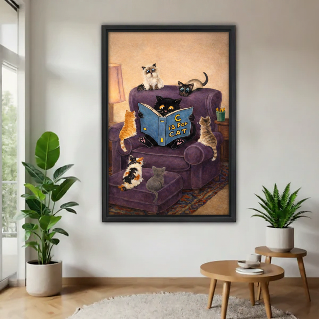 Vertical framed vintage-style painting of a black cat reading C is for Cat to a group of cats including a Siamese, tabby, and calico, styled in a minimalist hallway with indoor plants and side table