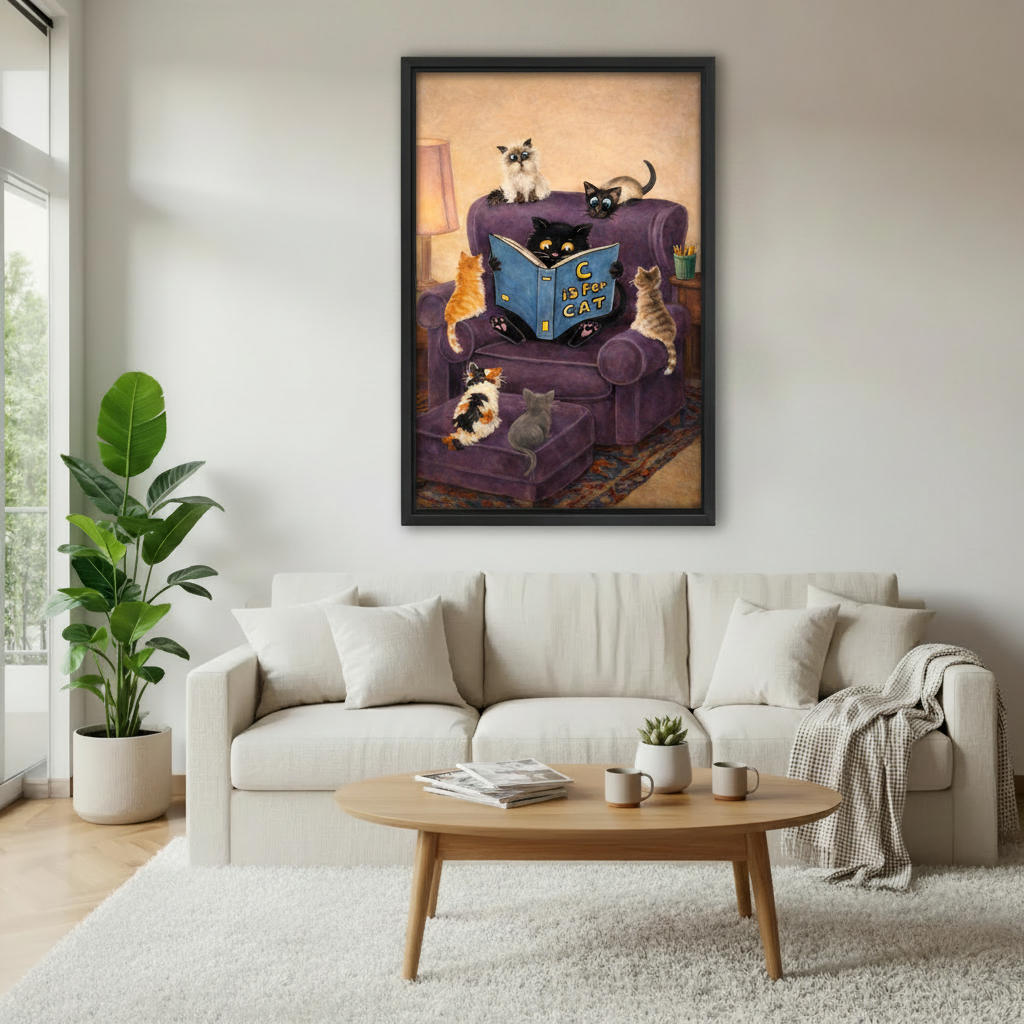 Framed wall art print of a big-eyed black cat reading a picture book titled C is for Cat surrounded by six cats on a purple armchair, displayed above a cream sofa in a bright modern living room