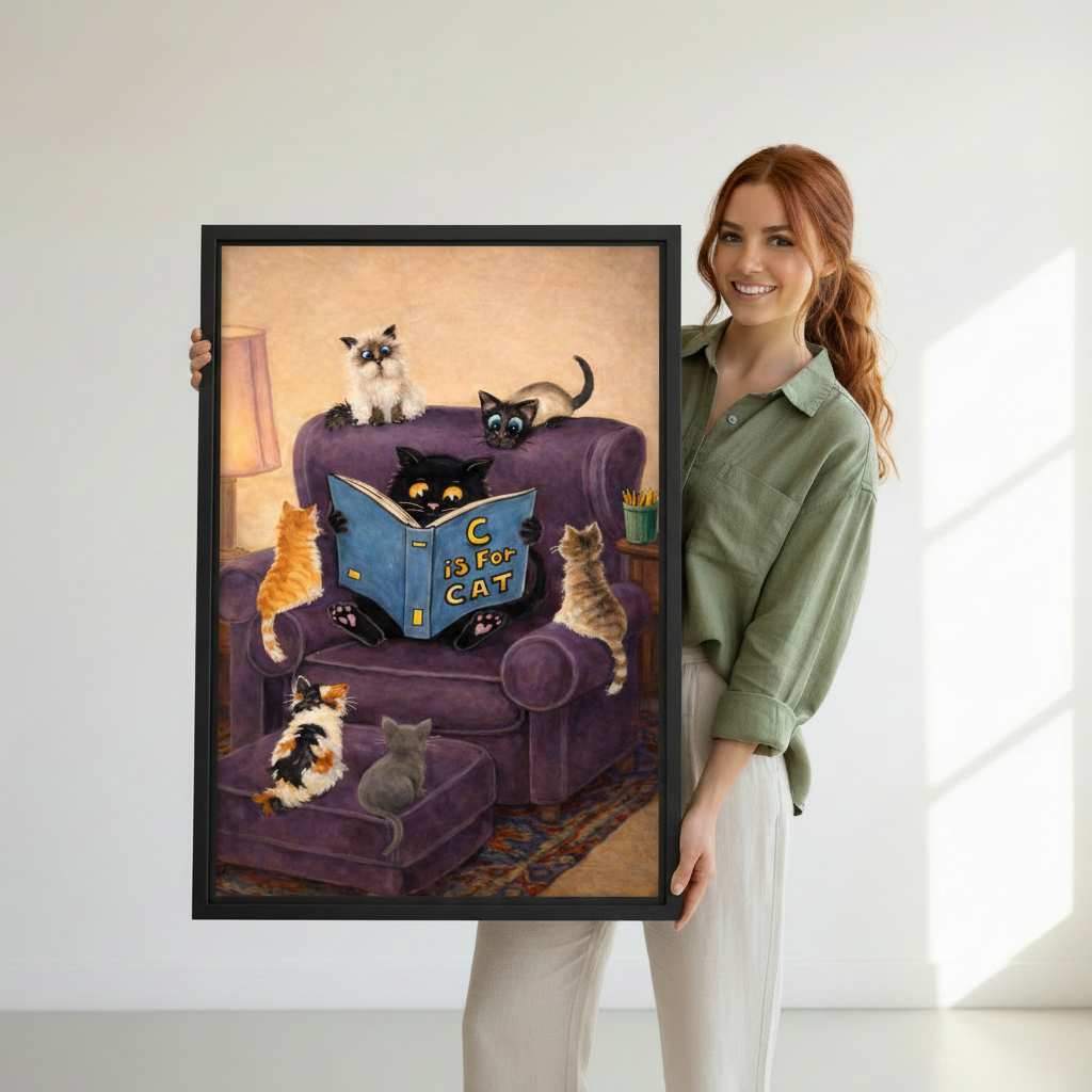Woman holding a large framed art print of a black cat reading C is for Cat surrounded by Siamese tabby calico and orange cats on a purple chair, showcasing print size and black frame finish