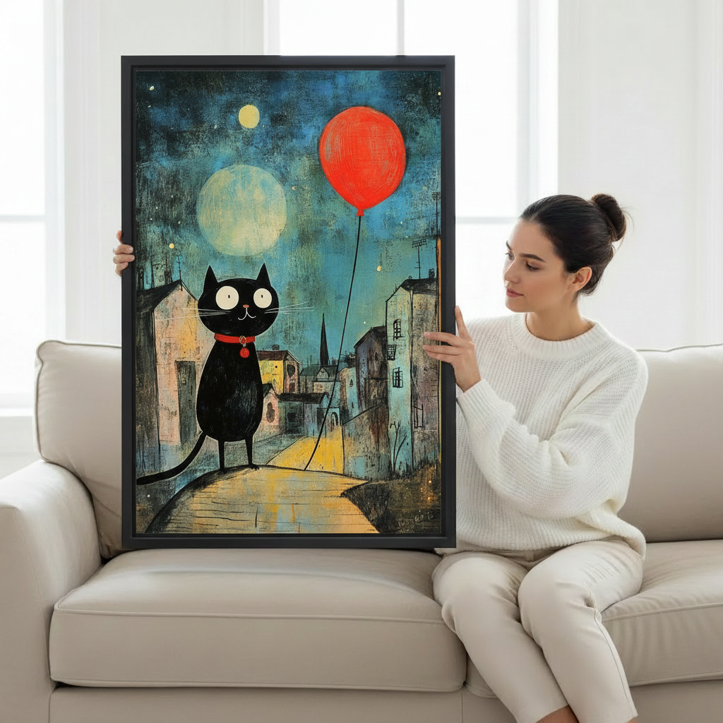 Woman holding large whimsical black cat red balloon canvas print showing artwork scale and vibrant night street scene