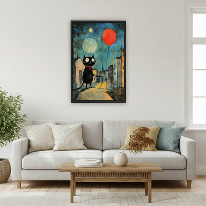 Whimsical black cat with red balloon canvas wall art above white sofa in bright Scandinavian-style living room