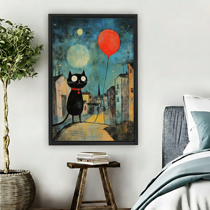 Whimsical black cat with red balloon framed canvas wall art displayed above bedside table in cozy bedroom