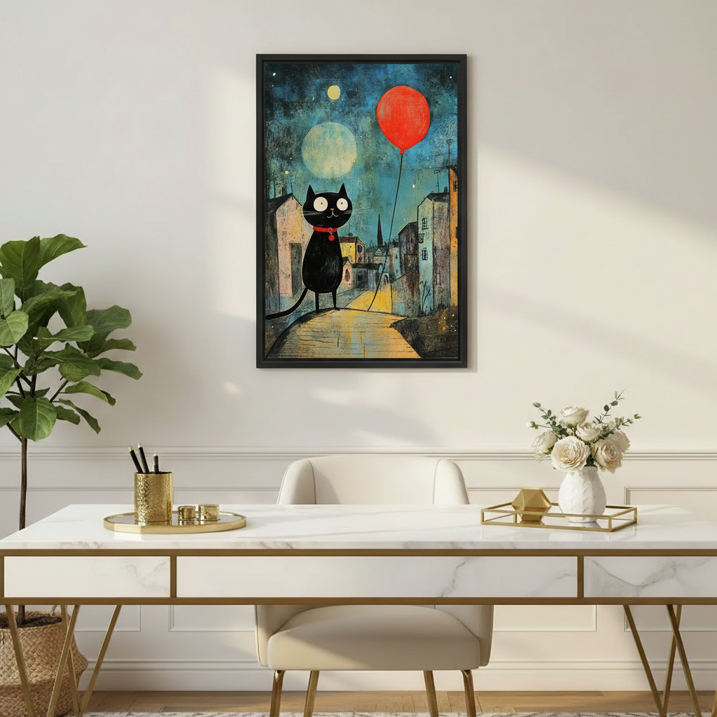 Whimsical black cat red balloon framed wall art print hanging above marble desk in modern home office