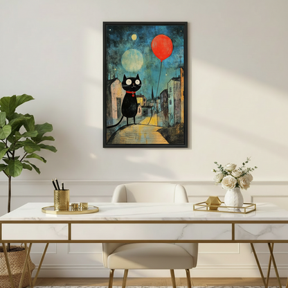 Whimsical black cat red balloon framed wall art print hanging above marble desk in modern home office