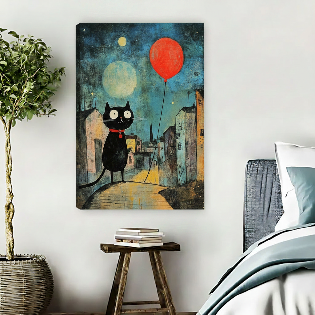 Frameless gallery wrap canvas of whimsical black cat holding red balloon under moonlit night sky in bedroom setting