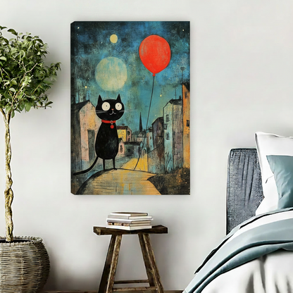 Frameless gallery wrap canvas of whimsical black cat holding red balloon under moonlit night sky in bedroom setting