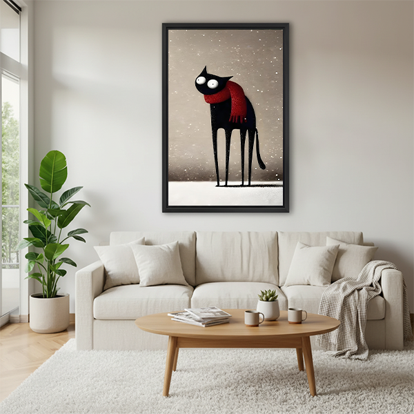 Framed black cat with red scarf art print hanging above white sofa in bright modern living room