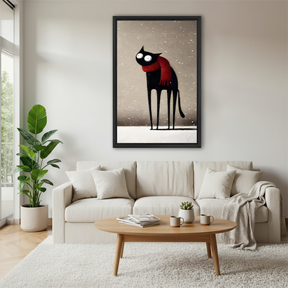 Framed black cat with red scarf art print hanging above white sofa in bright modern living room