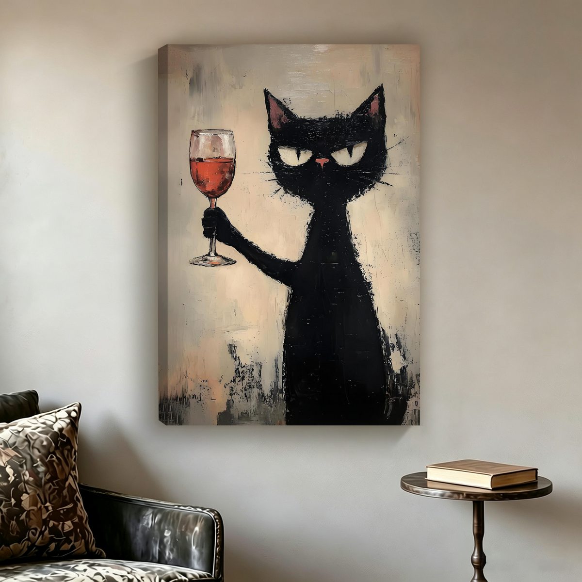 Unframed gallery wrap canvas of abstract black cat raising a wine glass, bold brushstroke style hung above leather sofa