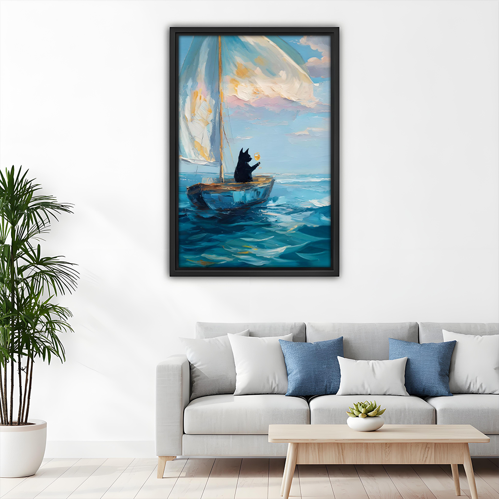 Framed black cat sailboat canvas wall art displayed beside a bunk bed in a cheerful bedroom
