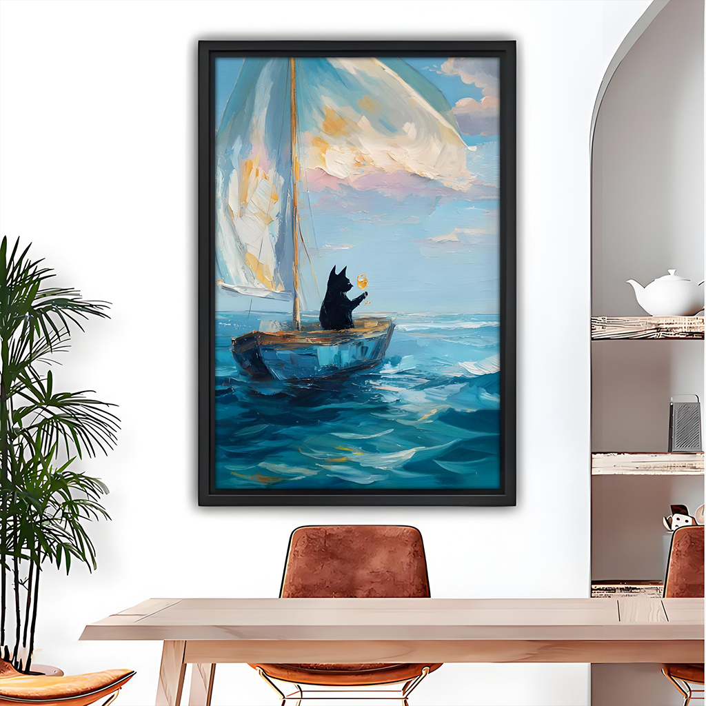 Black cat sailboat canvas wall art in a black frame displayed above a dining table by a mirror