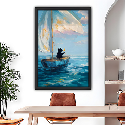 Black cat sailboat canvas wall art in a black frame displayed above a dining table by a mirror