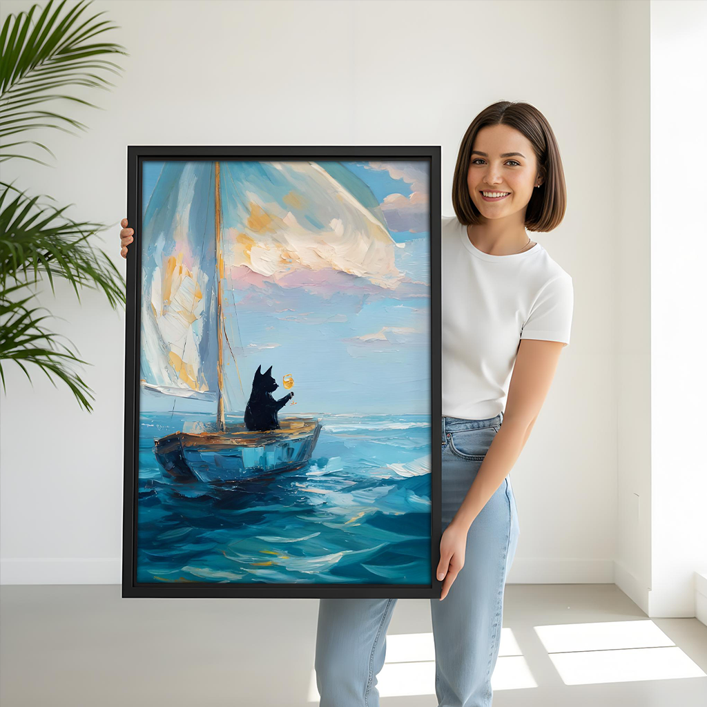 Framed black cat sailboat canvas wall art hanging above a sofa in a bright living room