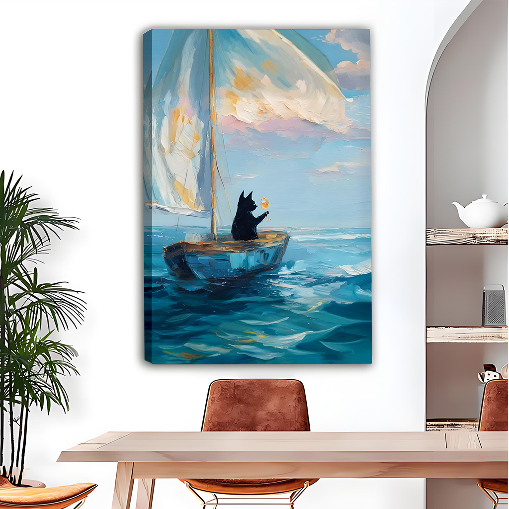 Woman holding framed black cat sailboat canvas wall art showing a cat crossing bright blue water