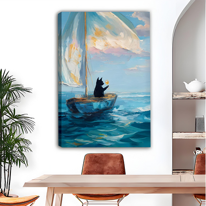 Woman holding framed black cat sailboat canvas wall art showing a cat crossing bright blue water