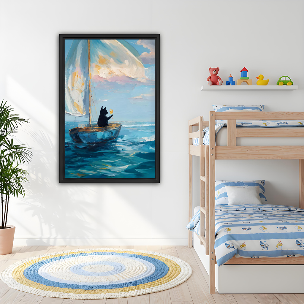 Gallery-wrap black cat sailboat canvas wall art displayed above a dining table with painterly blue waves