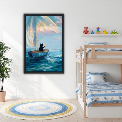 Gallery-wrap black cat sailboat canvas wall art displayed above a dining table with painterly blue waves