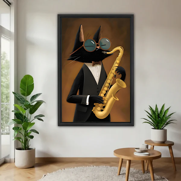 Framed black cat saxophone wall art shows a suited cat with round glasses playing a golden saxophone.