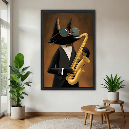 Framed black cat saxophone wall art shows a suited cat with round glasses playing a golden saxophone.