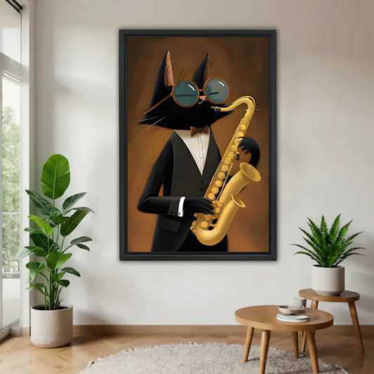Framed black cat saxophone wall art shows a suited cat with round glasses playing a golden saxophone.