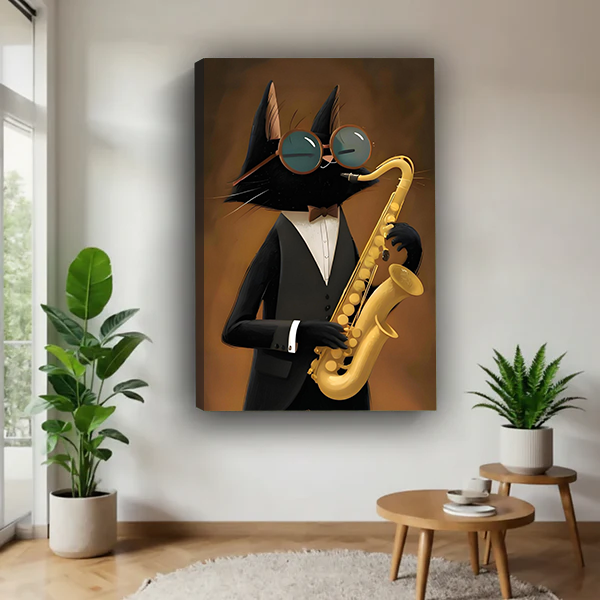  Gallery-wrap black cat saxophone wall art features a bespectacled cat and golden saxophone beside indoor plants.
