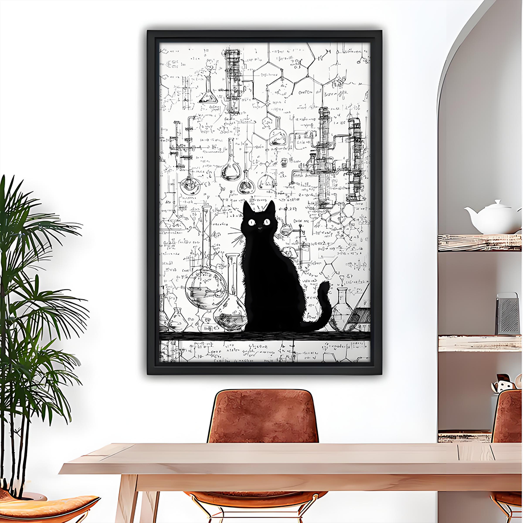 Black cat science lab sketch art framed canvas wall art above wooden dining table with leather chairs